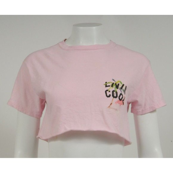 Livin Cool Womens The Webster Crop Top Small Pink Raw Hem Floral Palm Tree Shirt - Picture 2 of 10